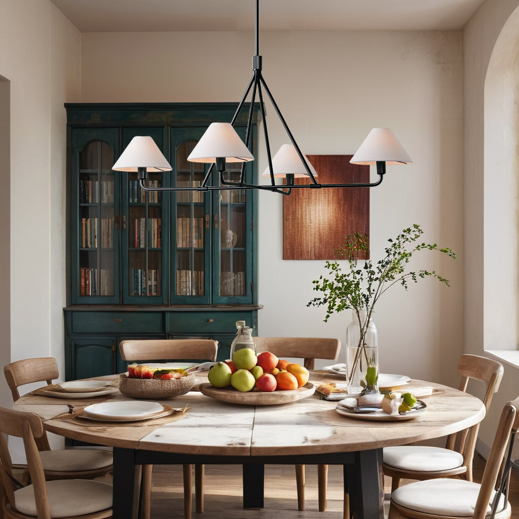 Architectural Tapered Shades Chandelier: Angular, Contract Grade Design with Sophisticated Tapered Shades for Dining Room, Living Room, and Bedroom Lighting