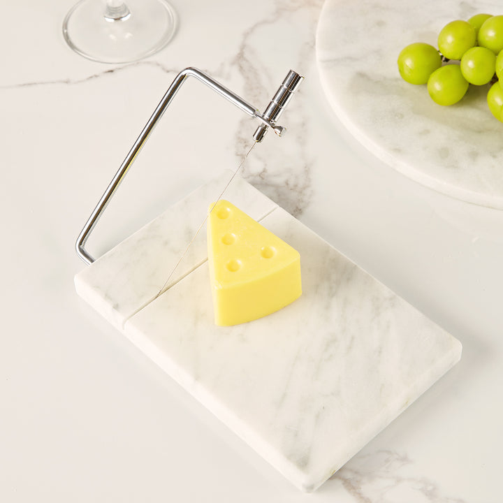 White Marble Cheese Board with Stainless Steel Slicer - Unique Grey Veining and Grooved Design for Dining Room and Kitchen Elegance