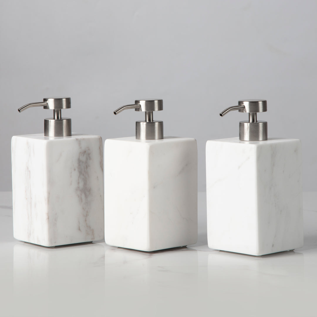 Polished Arabascato Marble Bath Accessories with Stainless Steel Pump - Elegant Decor for Marble Bathrooms, Featuring Unique Veining