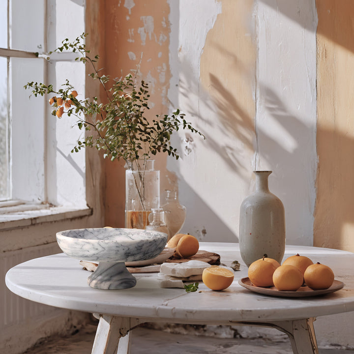 White Marble Fruit Bowl with Grey Veining and Pedestal Base - Elegant Addition for Kitchen and Dining Room Marble Supplies