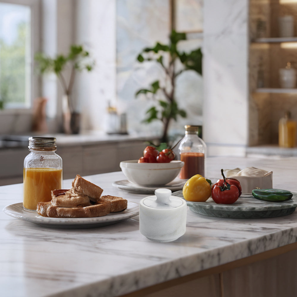 White Marble Salt Cellar with Lidded Design and Stainless Steel Shaker Plate