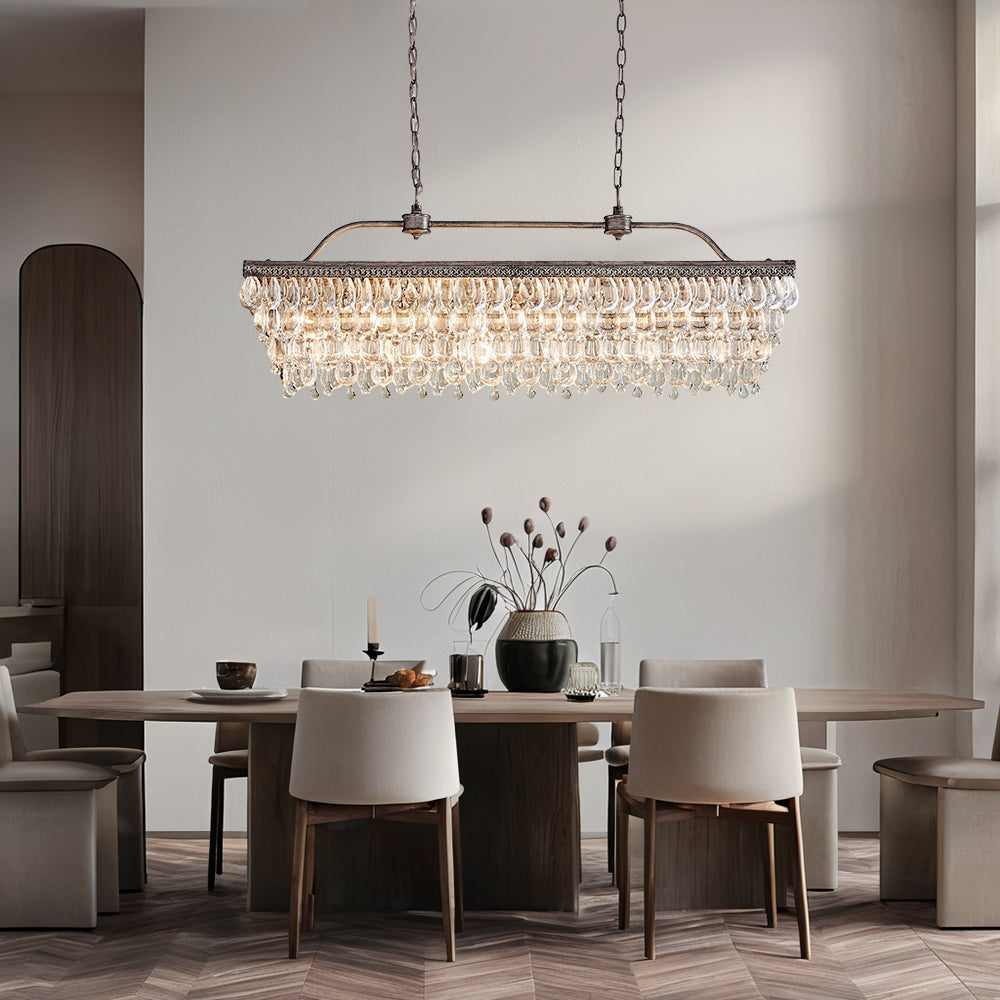 Crystal Raindrop Elegance Rectangular Chandelier - Faceted-Glass Crystals and Rain Drop Display for Dining Room and Living Room Lighting