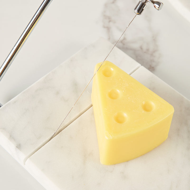 White Marble Cheese Board with Stainless Steel Slicer - Unique Grey Veining and Grooved Design for Dining Room and Kitchen Elegance