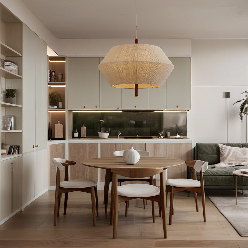 Contemporary Boho Oak Natural Cotton Weaved Pendant Light - Stylish White Oak with Cotton Rope Shade for Dining Room