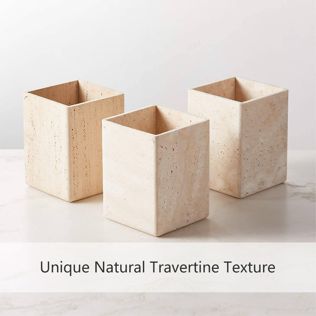 Nature's Touch Travertine Bath Accessories with Organic Edge and Unique Variations for Rustic Bathroom Decor