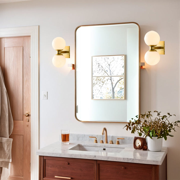 Globe Shade Matte Finish with Brass accents Double Light Sconce-Blown glass and steel frame for Bathroom, Outdoor