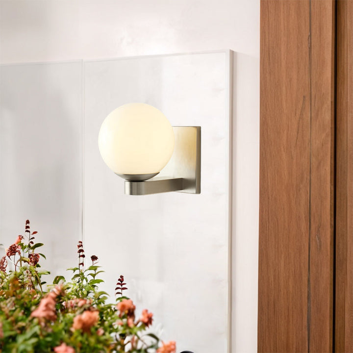 Globe Shade Matte Finish with Brass Accents Single Light Sconce - Blown Glass and Steel Frame for Outdoor, Living Room