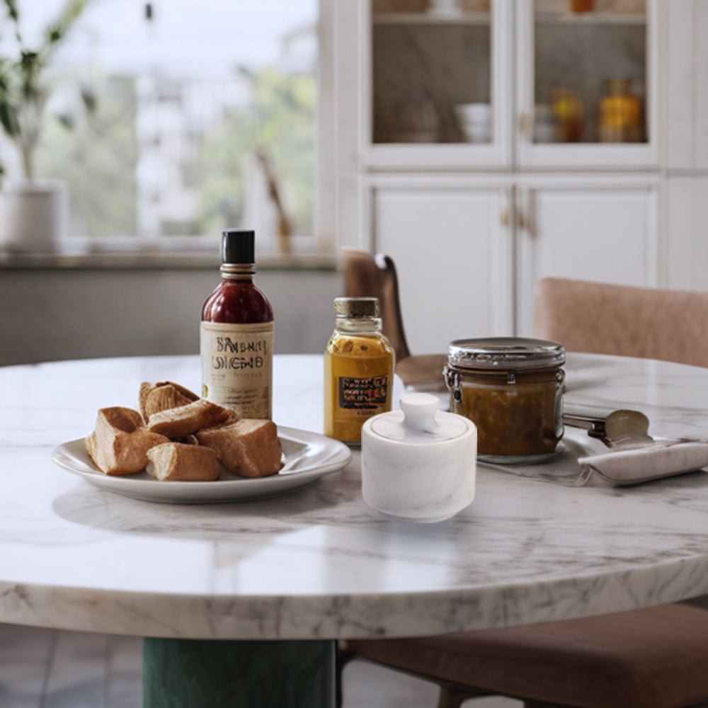 White Marble Salt Cellar with Lidded Design and Stainless Steel Shaker Plate