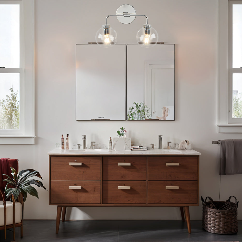 Globe Shade Matte Finish with Brass Accents Double Light Sconce - Elegant Blown Glass and Steel Frame, Bathroom Sconce