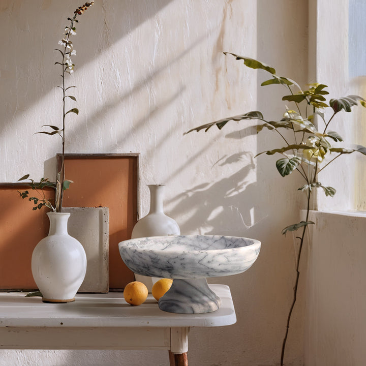 White Marble Fruit Bowl with Grey Veining and Pedestal Base - Elegant Addition for Kitchen and Dining Room Marble Supplies