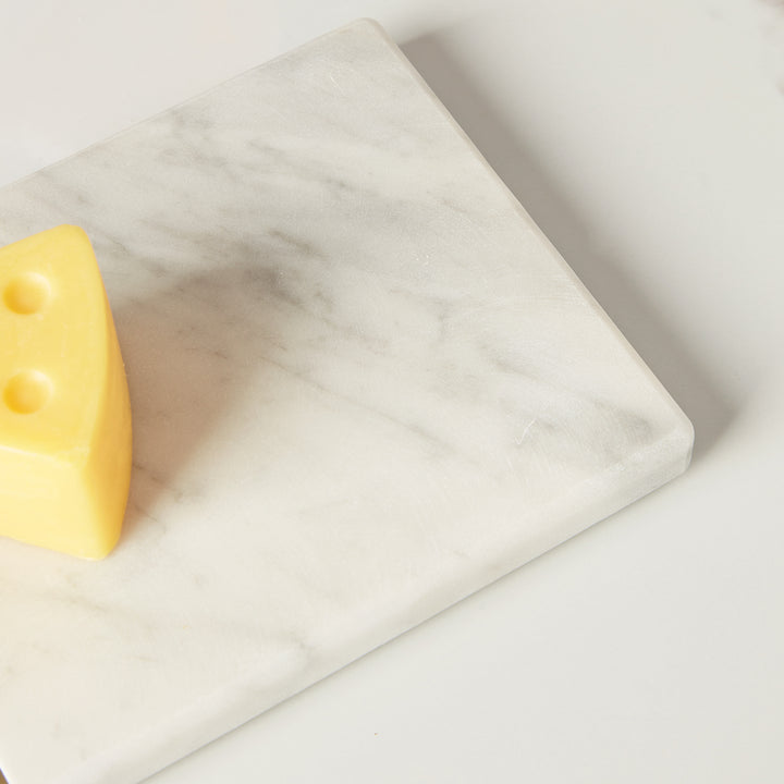 White Marble Cheese Board with Stainless Steel Slicer - Unique Grey Veining and Grooved Design for Dining Room and Kitchen Elegance