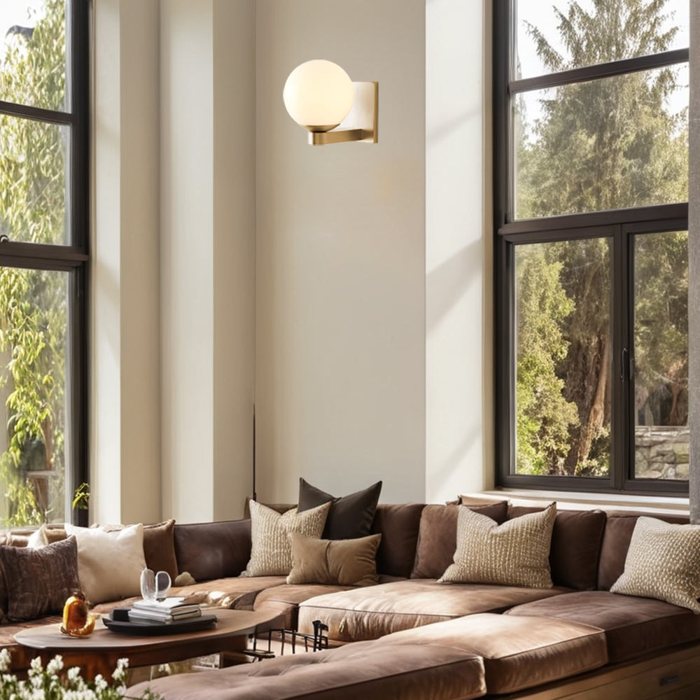 Globe Shade Matte Finish with Brass Accents Single Light Sconce - Blown Glass and Steel Frame for Outdoor, Living Room