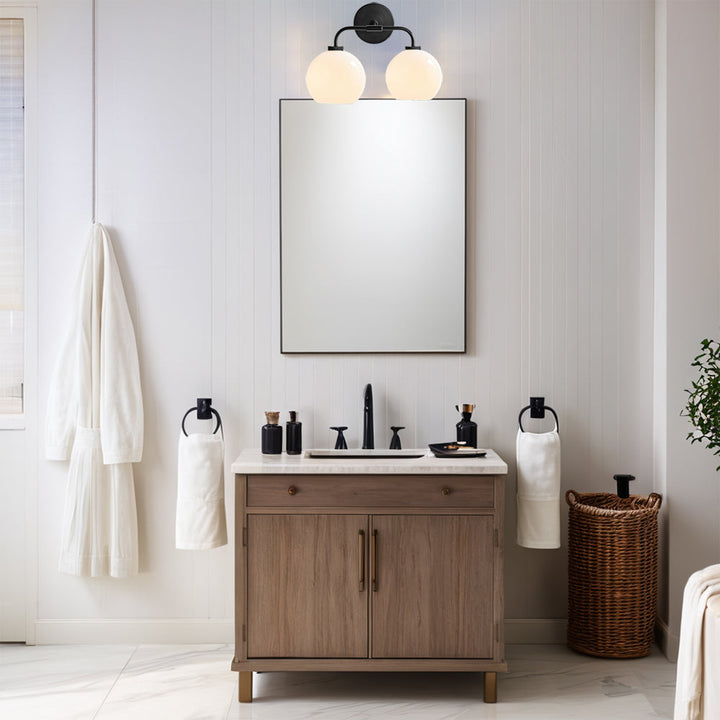 Globe Shade Matte Finish with Brass Accents Double Light Sconce - Elegant Blown Glass and Steel Frame, Bathroom Sconce