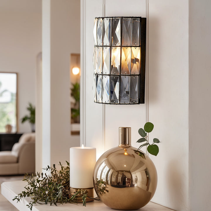 Antique Bronze Finish Crystal Sconce - Prismatic Display with Faceted Glass, Perfect for Lounge Room Wall Lights and Outdoor Wall Lamps