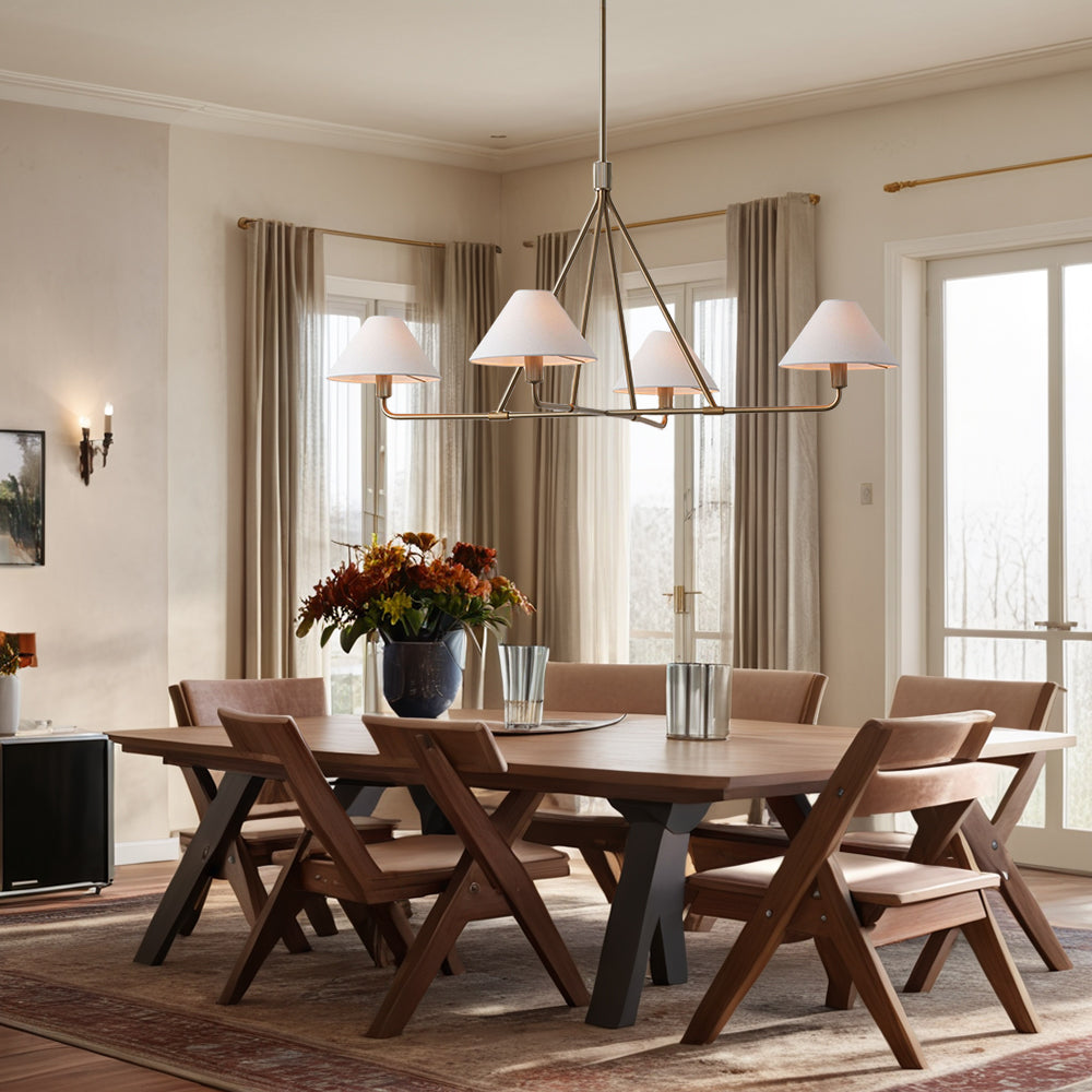 Architectural Tapered Shades Chandelier: Angular, Contract Grade Design with Sophisticated Tapered Shades for Dining Room, Living Room, and Bedroom Lighting