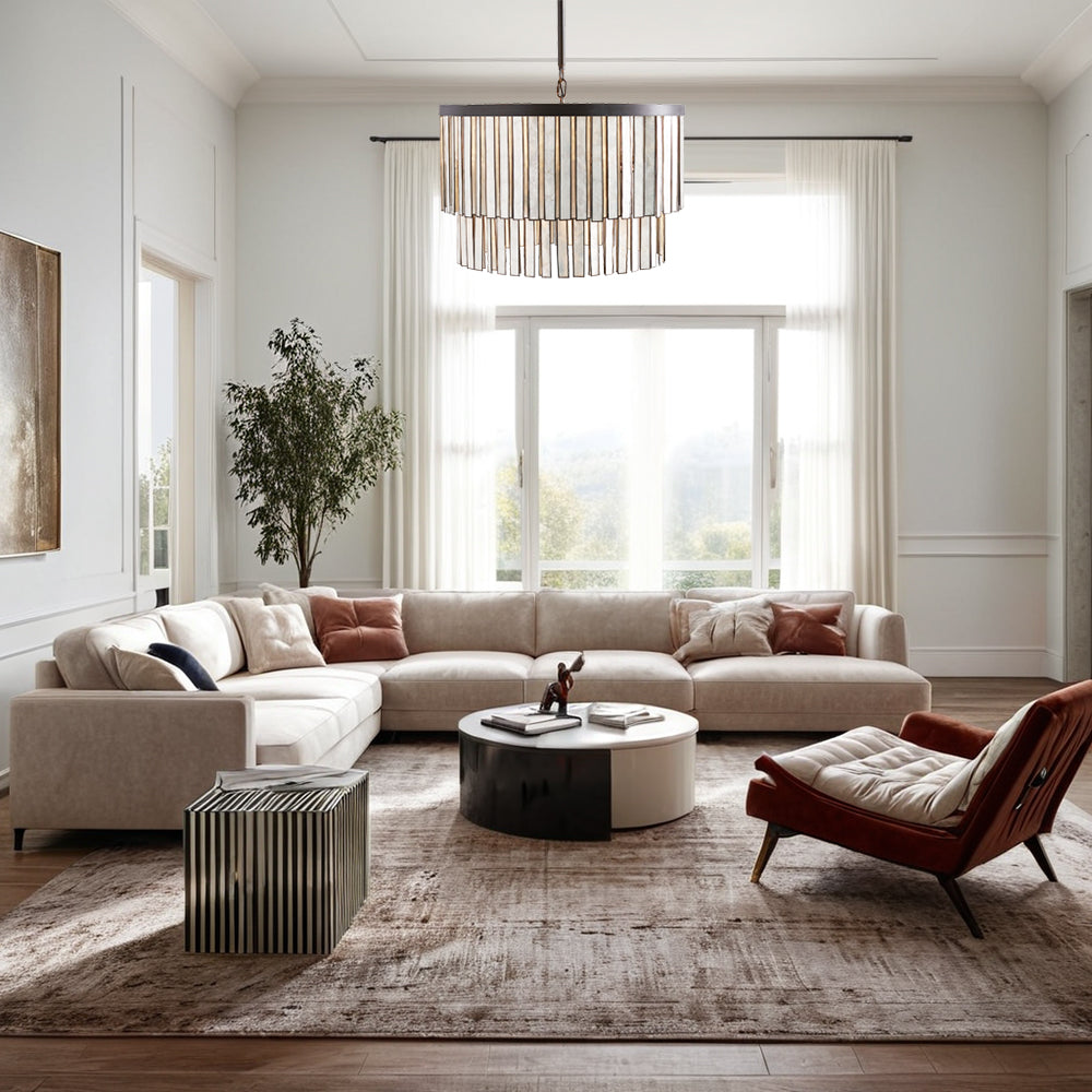 Coastal Astrid Capiz Round Chandelier perfect for a formal dining room, inspired bedroom or casual breakfast nook