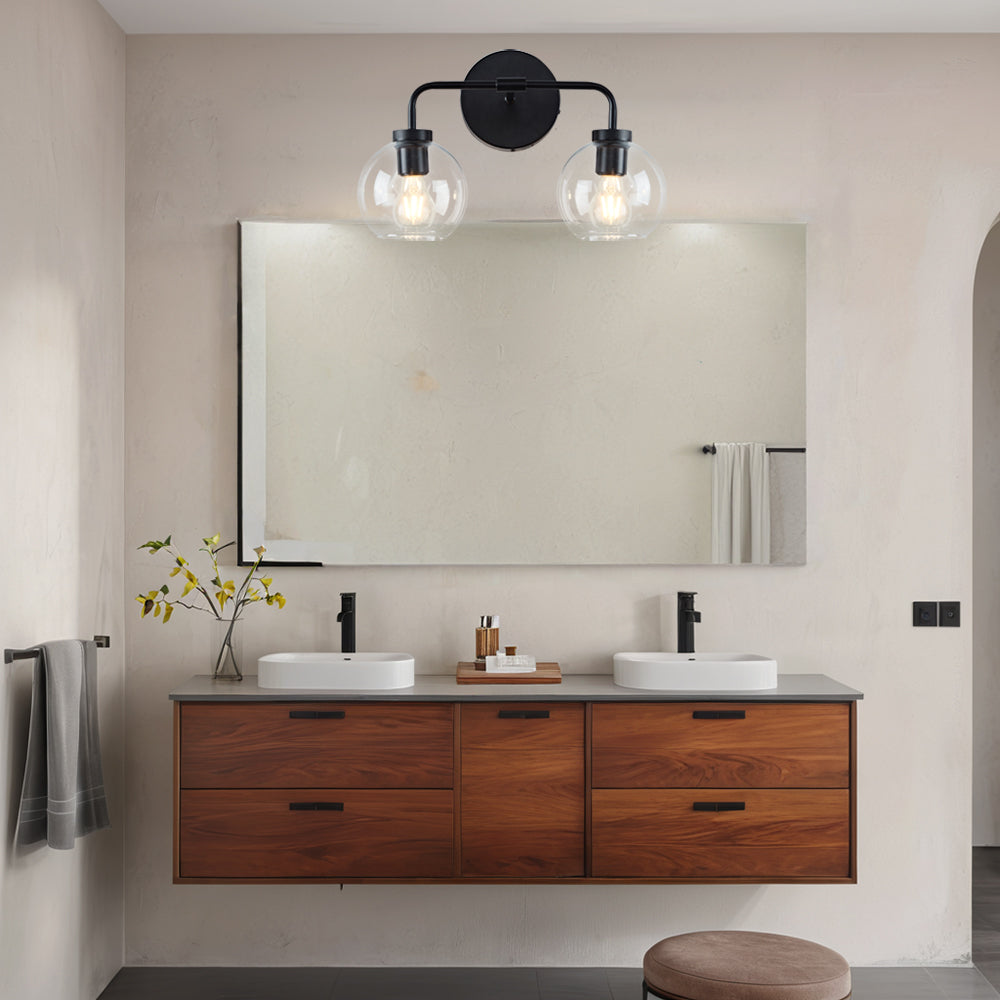 Globe Shade Matte Finish with Brass Accents Double Light Sconce - Elegant Blown Glass and Steel Frame, Bathroom Sconce