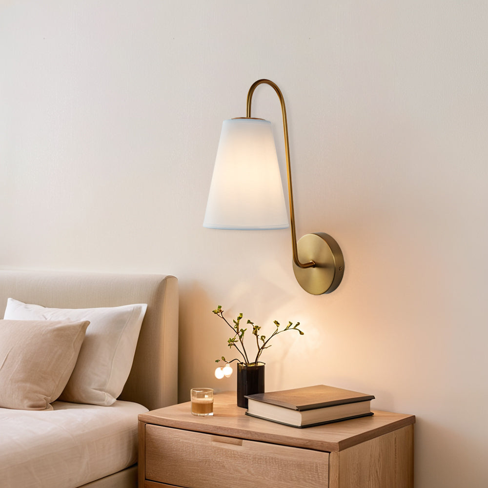 Elegant Design Minimalist Sconce with Linen Shade - Damp Rated in Brass or Plated Steel, Ideal for Bedroom and Modern Living Room Fixtures