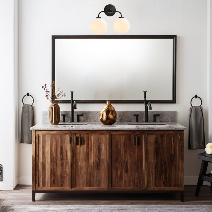 Globe Shade Matte Finish with Brass Accents Double Light Sconce - Elegant Blown Glass and Steel Frame, Bathroom Sconce