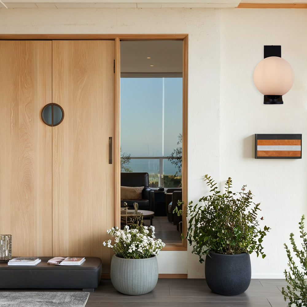 Modern Art Deco Globe Sconce - Minimalist Style with Curvilinear Base and Globe Shade in a Steel Wall Sconce for Outdoor