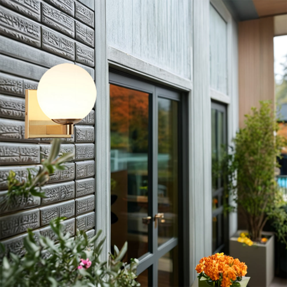 Globe Shade Matte Finish with Brass Accents Single Light Sconce - Blown Glass and Steel Frame for Outdoor, Living Room