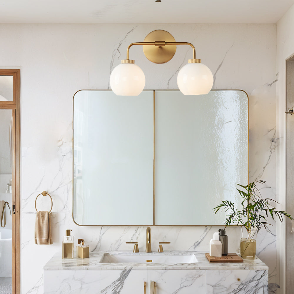 Globe Shade Matte Finish with Brass Accents Double Light Sconce - Elegant Blown Glass and Steel Frame, Bathroom Sconce