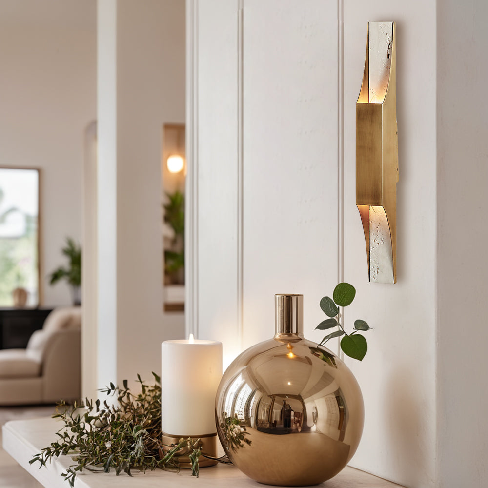 Travertine Glow Double Wall Sconce - Elegant Brushed Brass and Metal Plate Design for Living Room