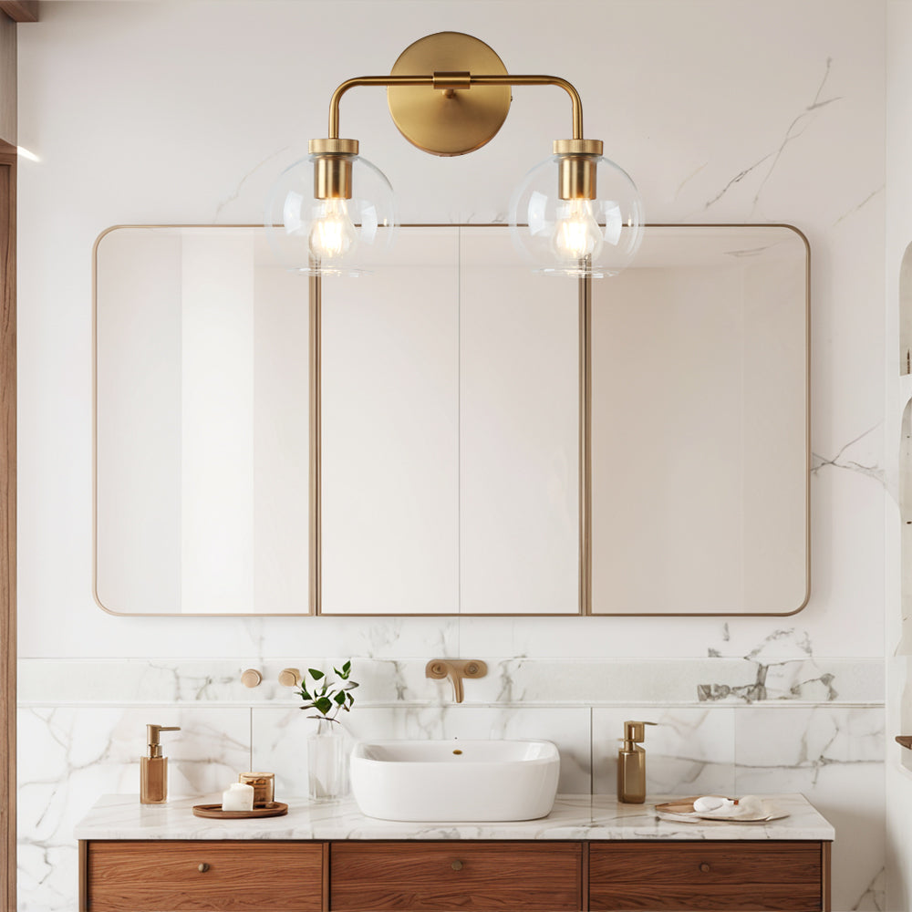 Globe Shade Matte Finish with Brass Accents Double Light Sconce - Elegant Blown Glass and Steel Frame, Bathroom Sconce