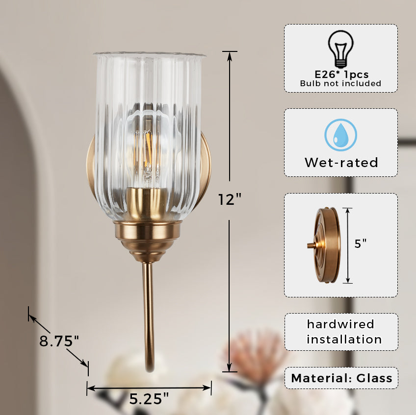 Antique Gooseneck Brass Sconce with Clear Fluted Glass, Gold Wall Mounted Lamp Beside Mirror, Wet-rated Wall Light for Bathroom, Stairs, Kitchen, Hallway, Fireplace (E26 Base)