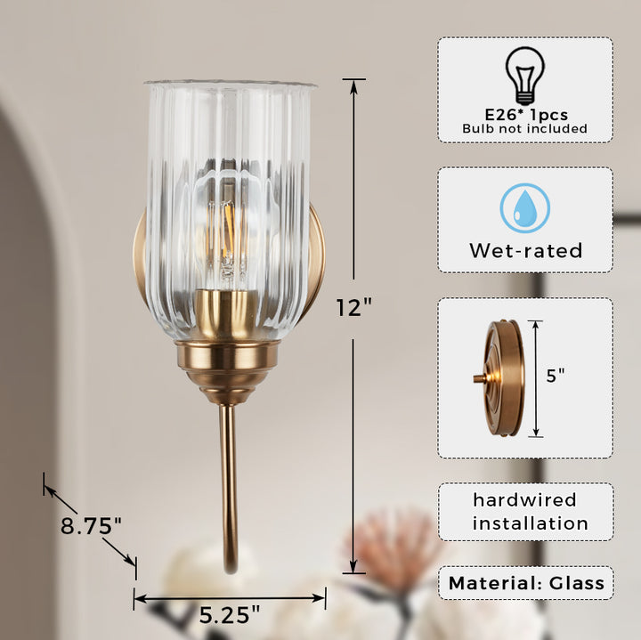 Antique Gooseneck Brass Sconce with Clear Fluted Glass, Gold Wall Mounted Lamp Beside Mirror, Wet-rated Wall Light for Bathroom, Stairs, Kitchen, Hallway, Fireplace (E26 Base)