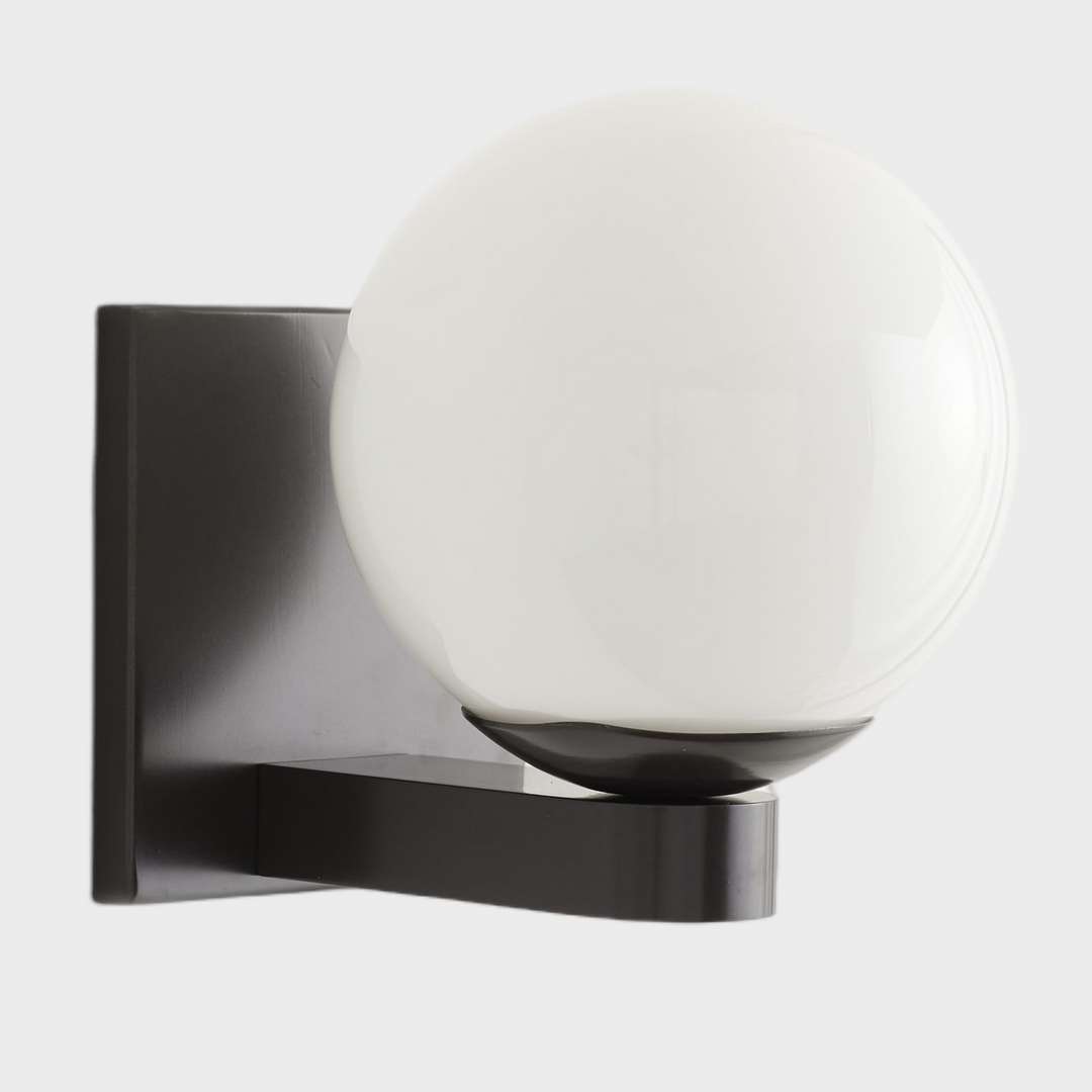 Globe Shade Matte Finish with Brass Accents Single Light Sconce - Blown Glass and Steel Frame for Outdoor, Living Room