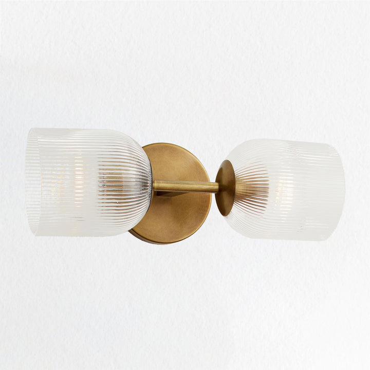 Antique Bronze Double Sconce with Ribbed Glass Shades and Bell-Shaped Design for Durable Indoor Lighting