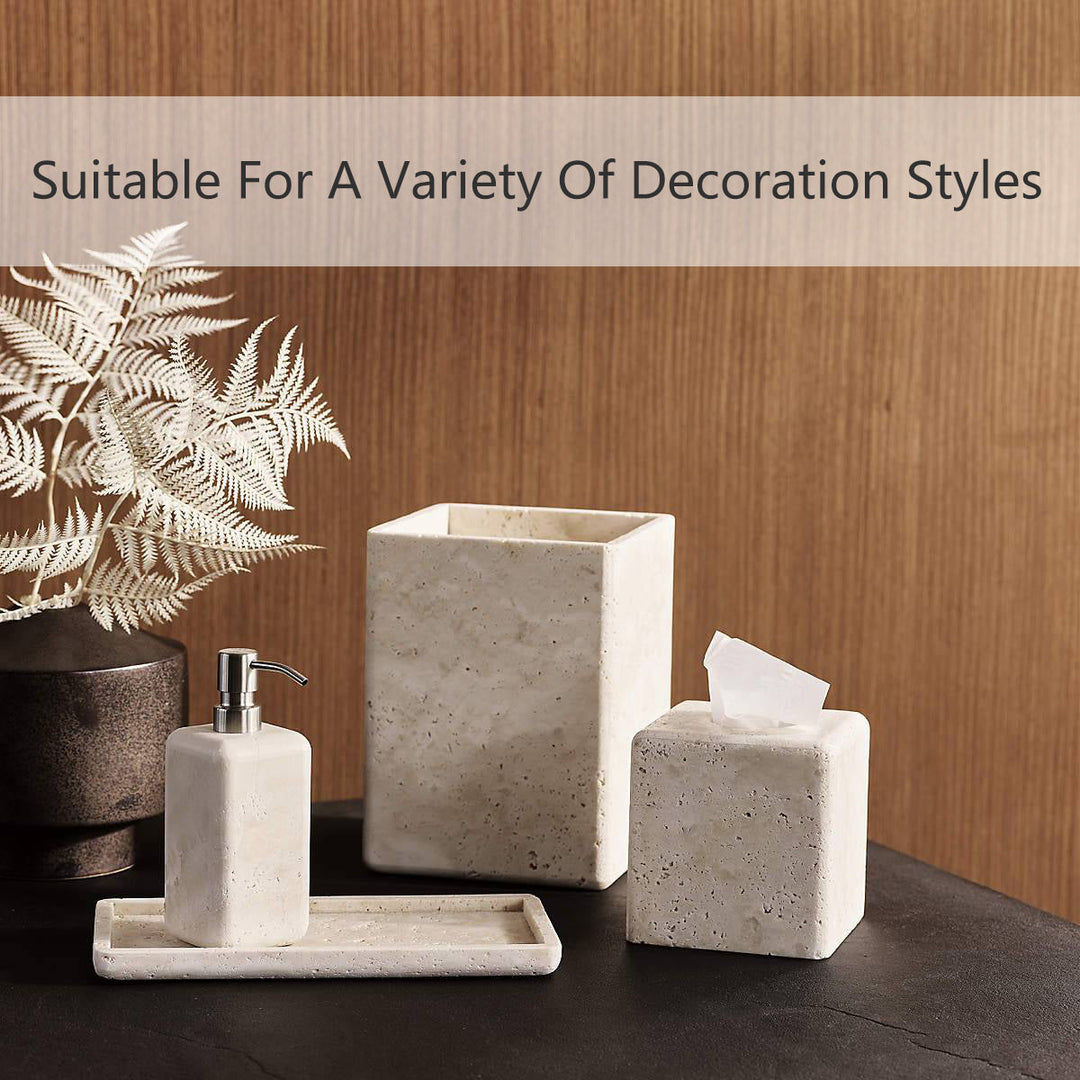 Nature's Touch Travertine Bath Accessories with Organic Edge and Unique Variations for Rustic Bathroom Decor