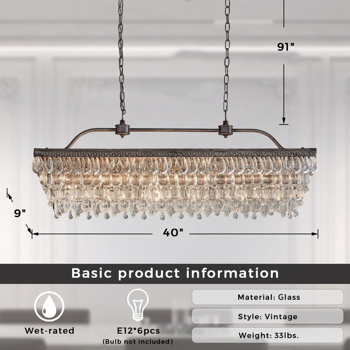 Crystal Raindrop Elegance Rectangular Chandelier - Faceted-Glass Crystals and Rain Drop Display for Dining Room and Living Room Lighting