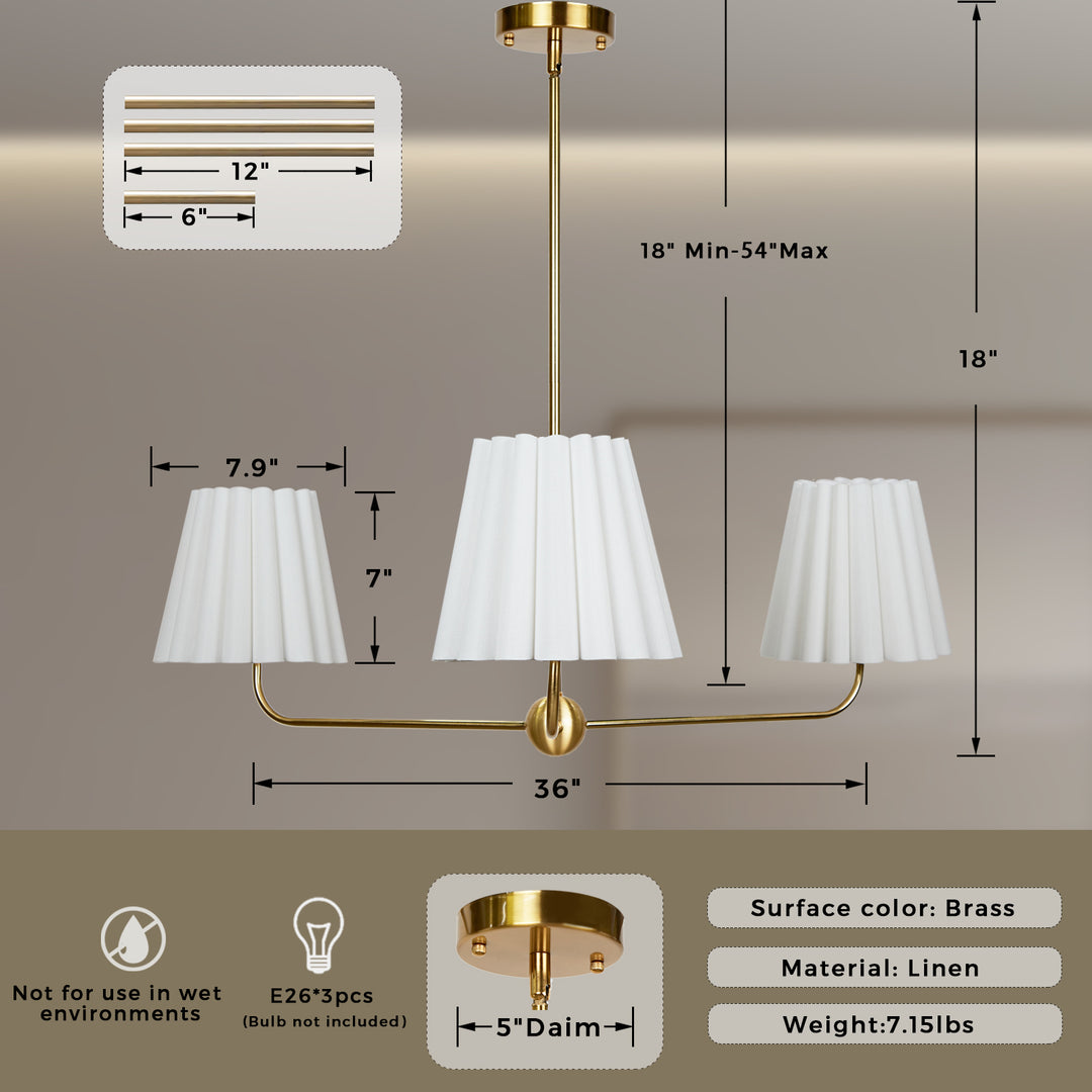 Mid-centry Modern Chandelier with Adjustable Height (18-54"), 3-Light Pendant Light over Table, Scandinavian Kitchen Island Lighting Fixture with Linen Shade for Dining Room Living Room