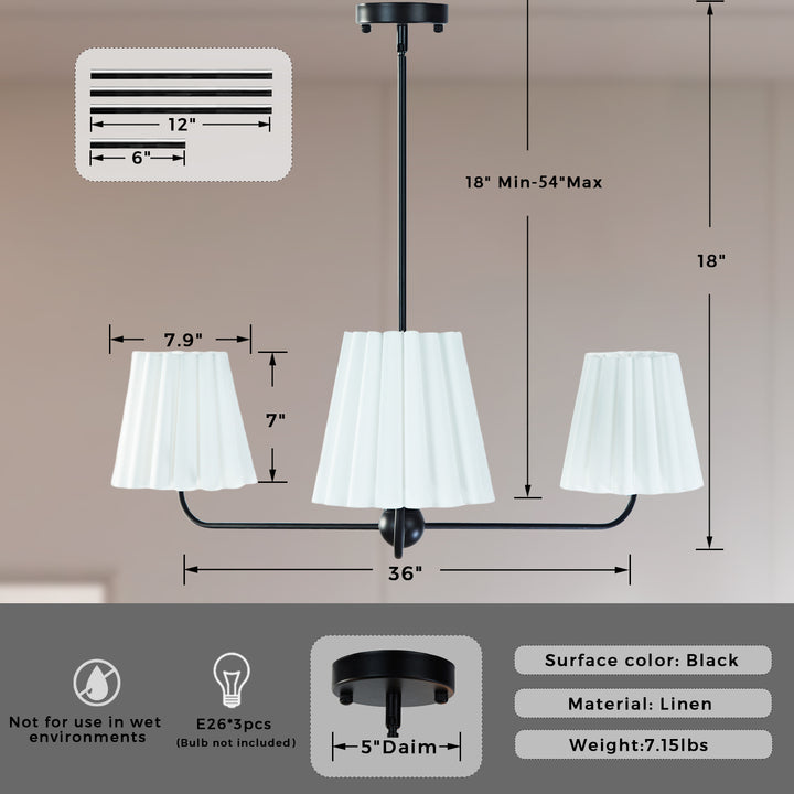 Mid-centry Modern Chandelier with Adjustable Height (18-54"), 3-Light Pendant Light over Table, Scandinavian Kitchen Island Lighting Fixture with Linen Shade for Dining Room Living Room
