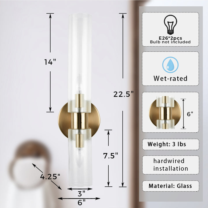 Modern 2-Light Wall Sconce with Clear Fluted Glass, Asymmetrical Double Tube Sconce Wet-rated Bathroom Light Fixture Over Mirror, Hardwired Wall Mount Lamp for Bedroom, Hallway, Living Room