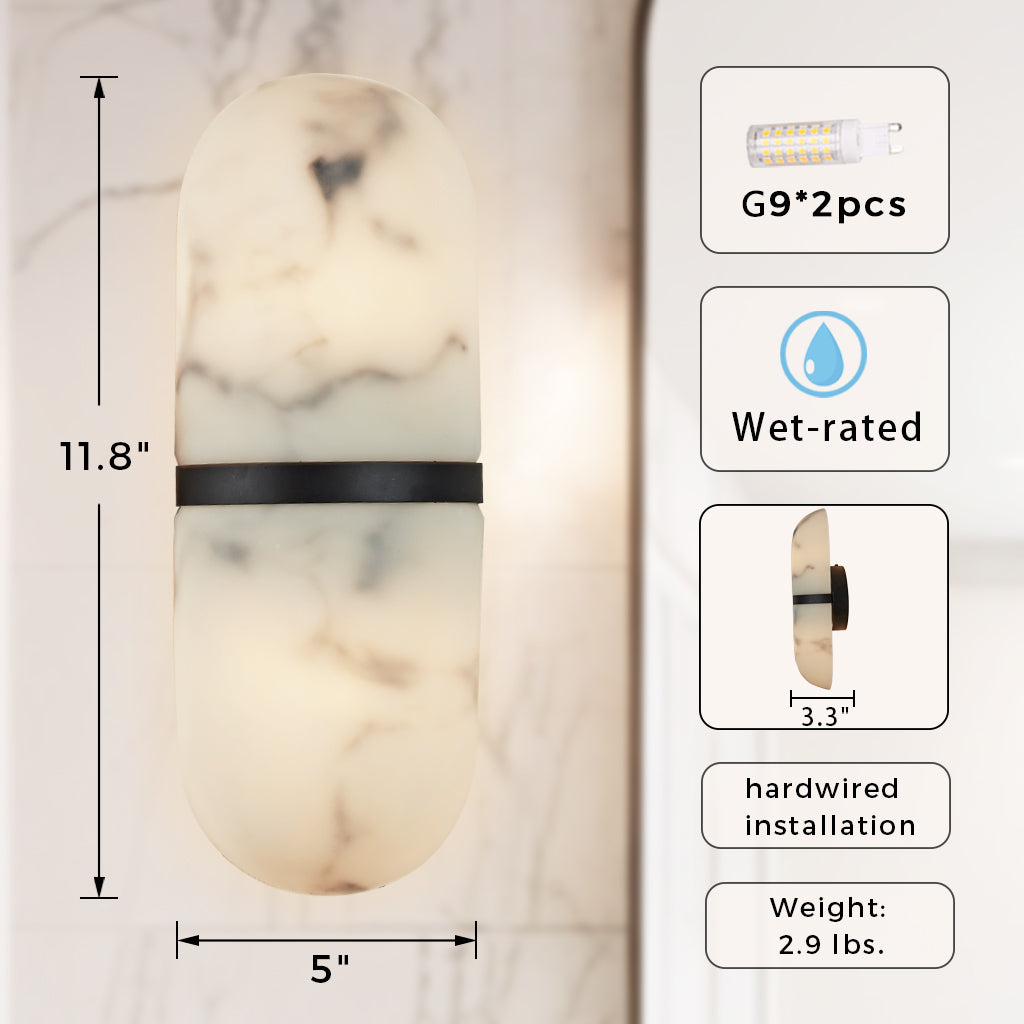 Alabaster Metal Damp Rated Hardwire Sconce - Alabaster and Metal Construction - Ideal for Wall Sconces, Bathroom Sconce, Kitchen Sconce, and Exterior Wall Lights