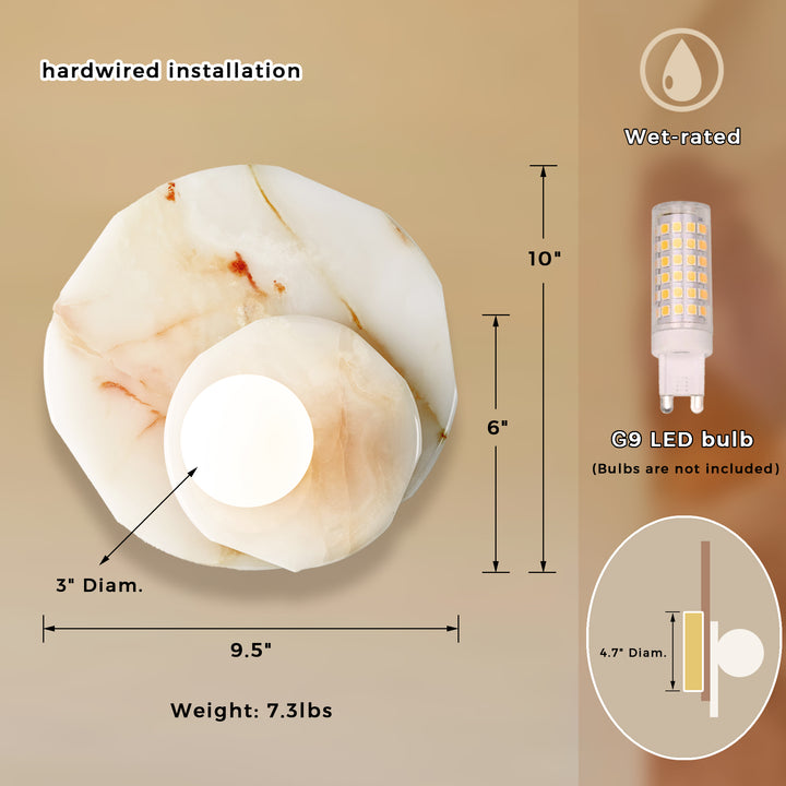 Opaline Cream Sculpture Wall Sconce: Natural Cream Onyx with Opaque White Glass Globe Bulb, Sculptural Design for Living Room, Bathroom, or Bedroom Wall Lighting
