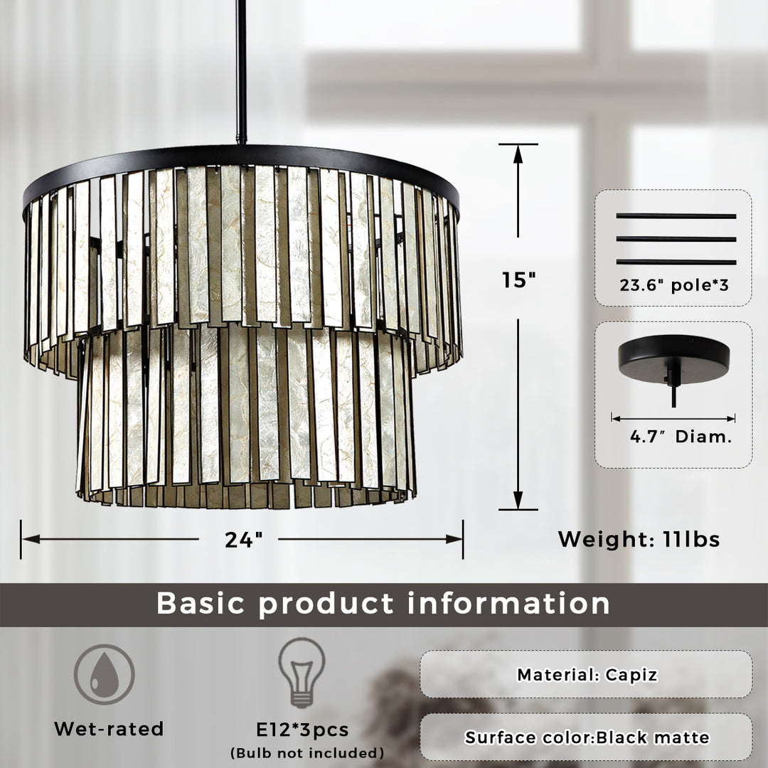 Coastal Astrid Capiz Round Chandelier perfect for a formal dining room, inspired bedroom or casual breakfast nook