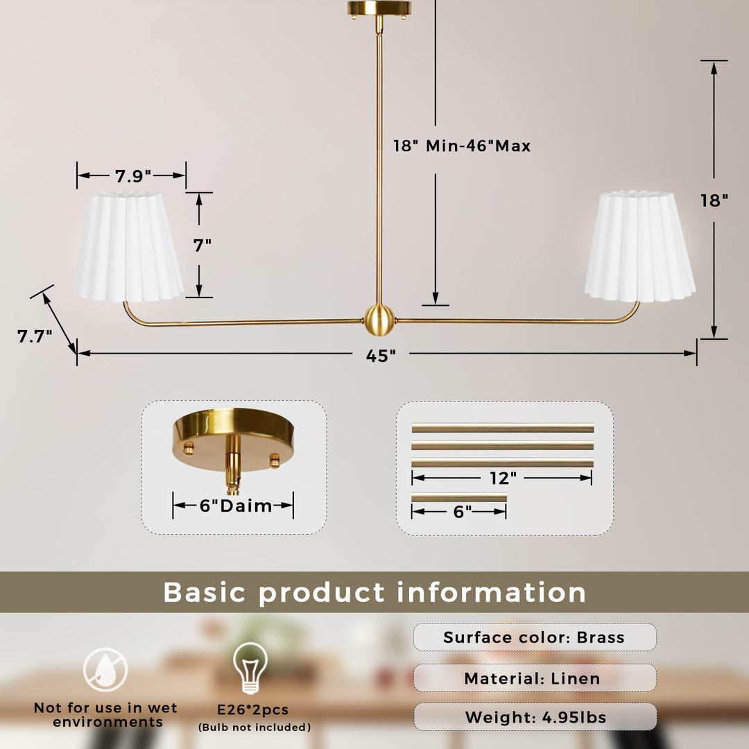 Kitchen Island Lighting with Pleated Linen Shade, 2 Lights Linear Chandelier with Adjustable Height (18-46"), Modern Ceiling Hanging Pendant Light for Dining Room, Living Room, Bedroom