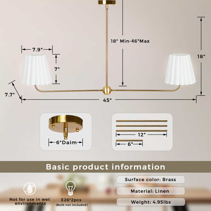 Kitchen Island Lighting with Pleated Linen Shade, 2 Lights Linear Chandelier with Adjustable Height (18-46"), Modern Ceiling Hanging Pendant Light for Dining Room, Living Room, Bedroom