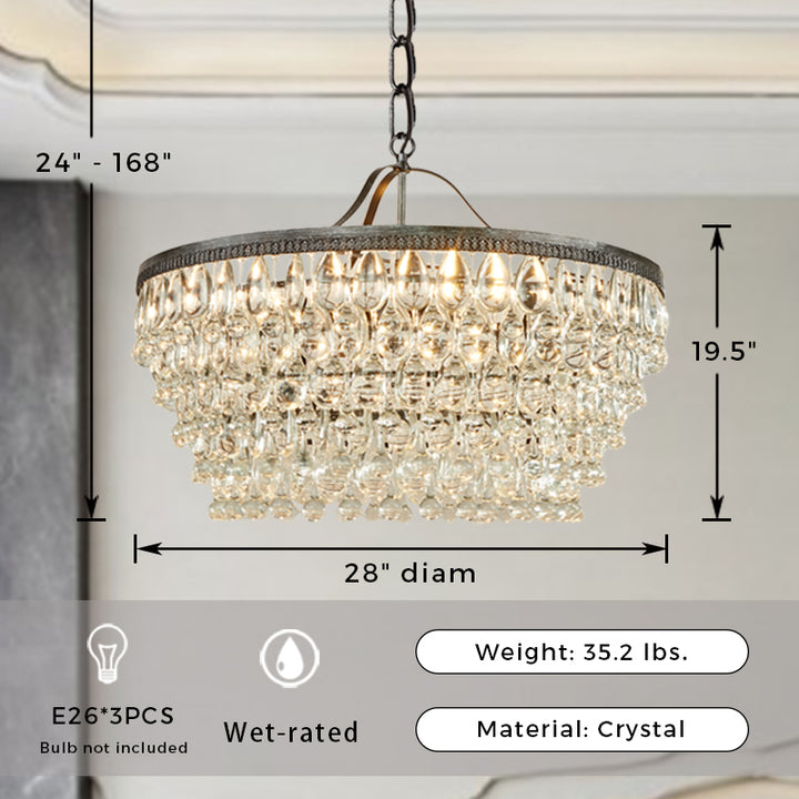 Vintage Crystal Raindrop Elegance Chandelier - Faceted-Glass Crystals and Rain Drops Display for Dining Room and Living Room Lighting
