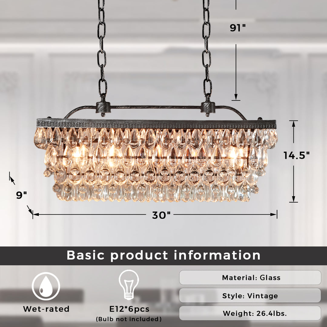 Crystal Raindrop Elegance Rectangular Chandelier - Faceted-Glass Crystals and Rain Drop Display for Dining Room and Living Room Lighting