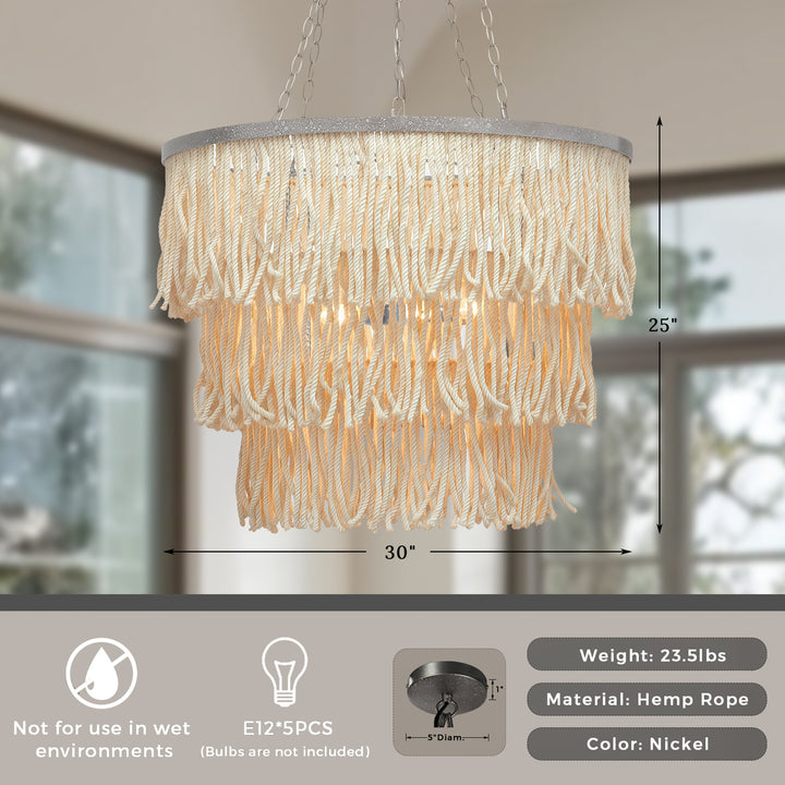 Boho 3-Tiered Fringe Chandelier, Mediterranean Tassel Pendant Light with Decorative Rope, Coastal Farmhouse Hanging Light for Living Room, Dining Room, Bedroom