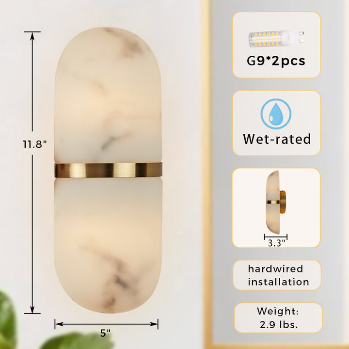 Alabaster Metal Damp Rated Hardwire Sconce - Alabaster and Metal Construction - Ideal for Wall Sconces, Bathroom Sconce, Kitchen Sconce, and Exterior Wall Lights