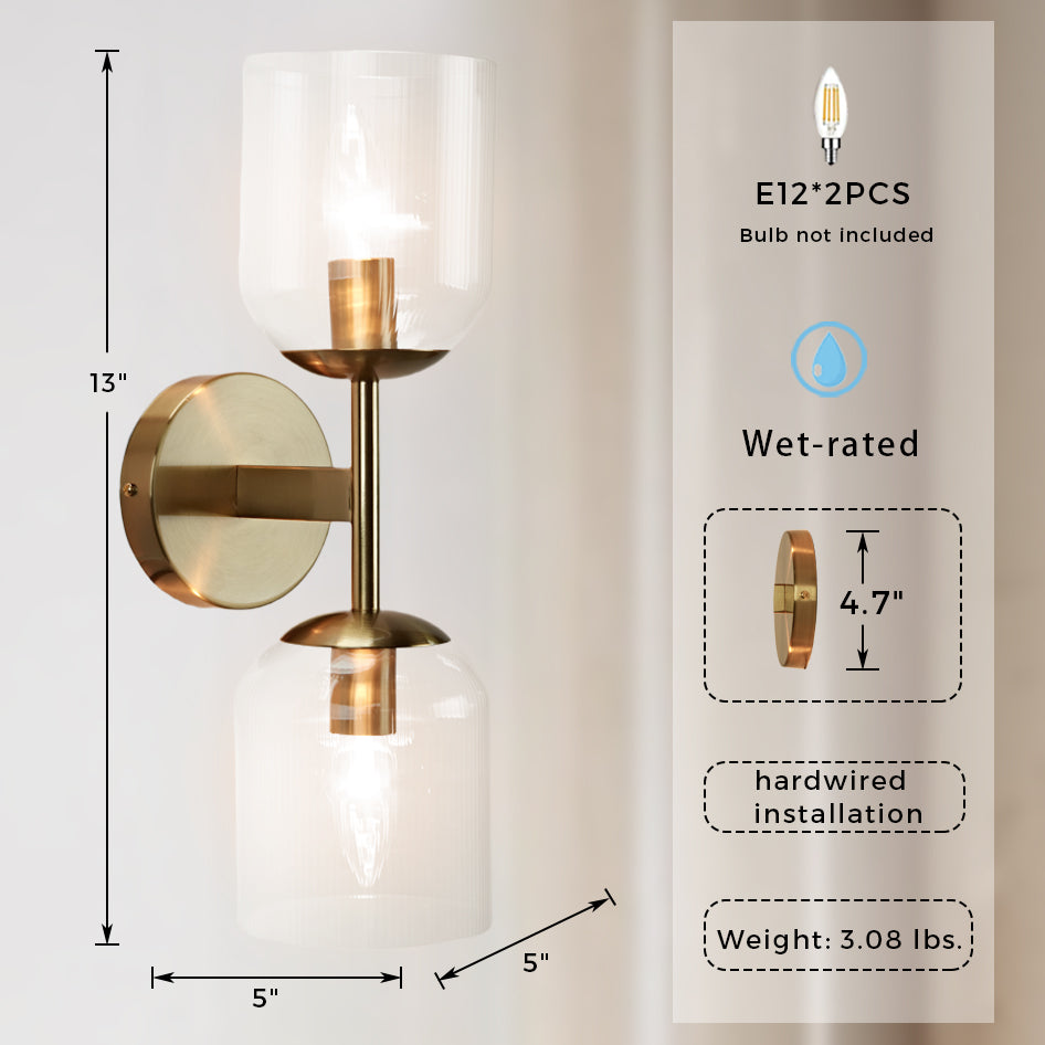 Antique Bronze Double Sconce with Ribbed Glass Shades and Bell-Shaped Design for Durable Indoor Lighting