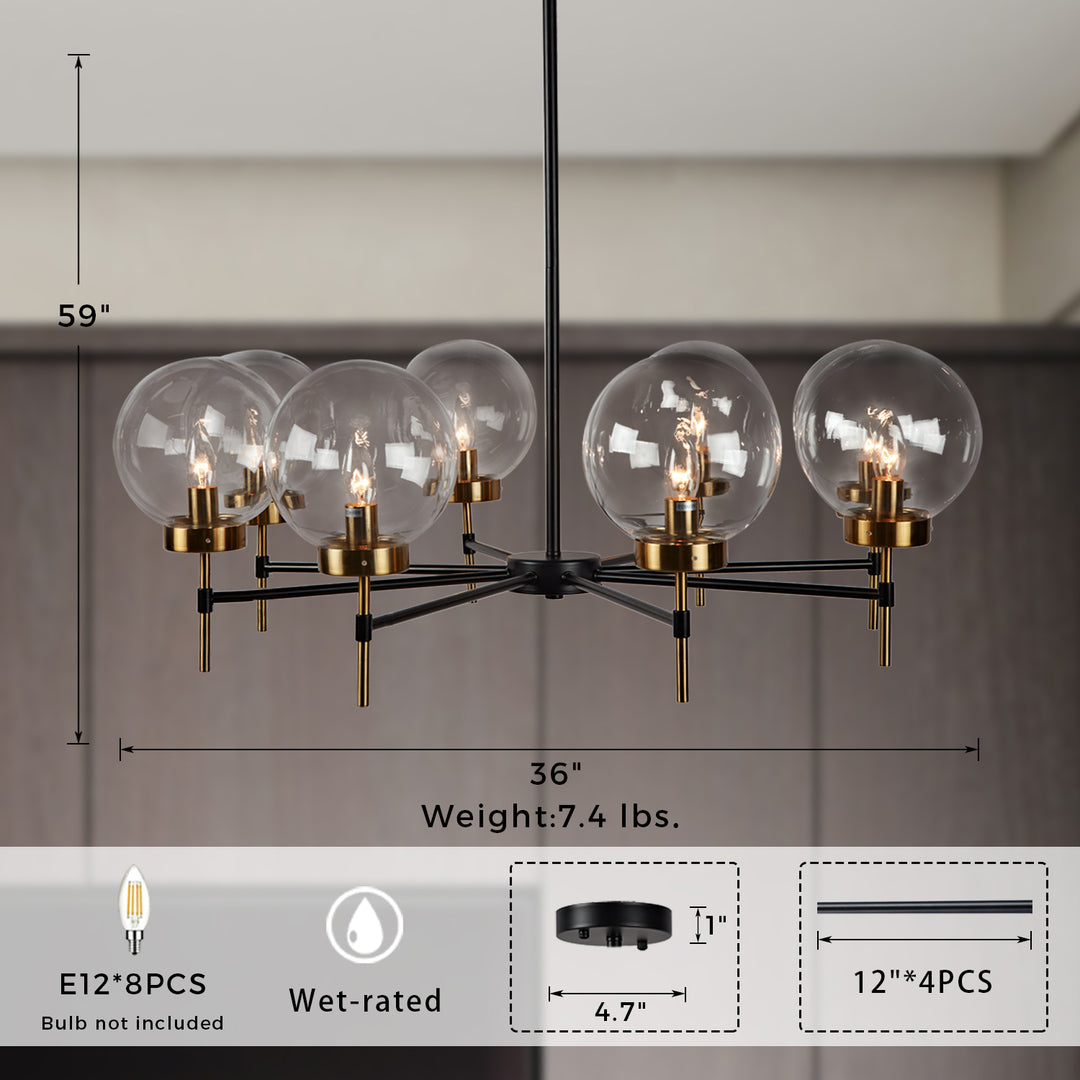 Mid-Century Modern Blown Glass Globe Chandelier - Adjustable Height with Two-Toned Metals for Dining Room, Living Room, and Sitting Room Lighting