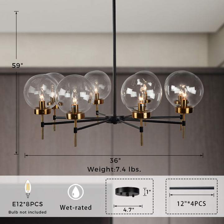 Mid-Century Modern Blown Glass Globe Chandelier - Adjustable Height with Two-Toned Metals for Dining Room, Living Room, and Sitting Room Lighting