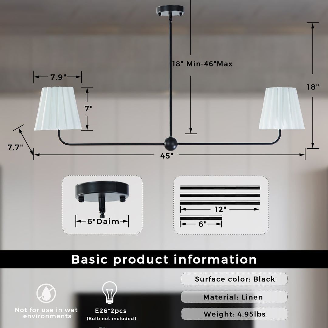 Kitchen Island Lighting with Pleated Linen Shade, 2 Lights Linear Chandelier with Adjustable Height (18-46"), Modern Ceiling Hanging Pendant Light for Dining Room, Living Room, Bedroom